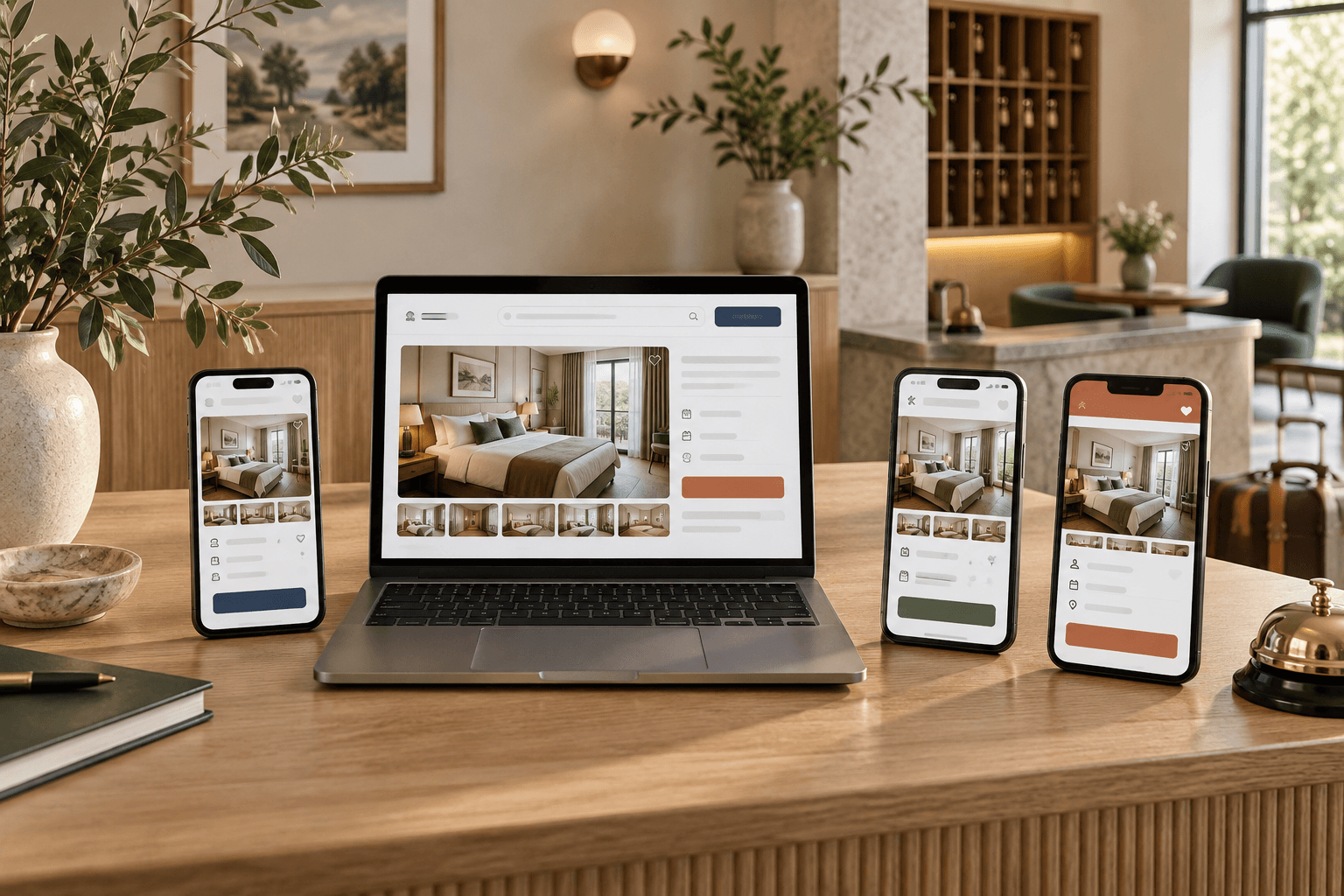 Samma hotell presenterat på en dator och flera mobiltelefoner